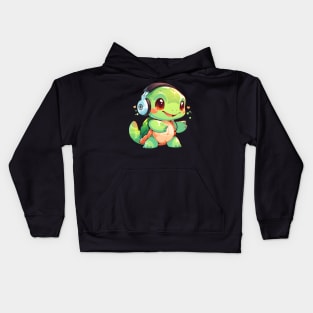 Cute Green Turtle with Headphones Kids Hoodie